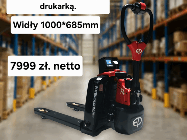 Elektryczny wózek paletowy EP F4 Potenza z wagą i drukarką, krótkie szerokie widły 1000×685 mm